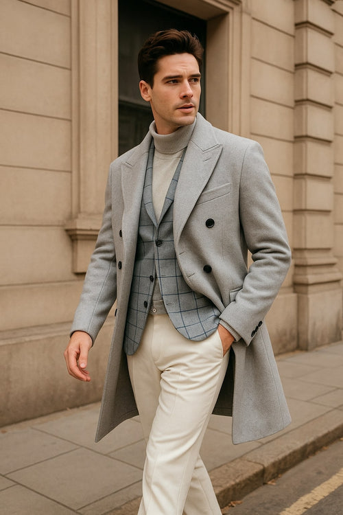 Men's Light Gray Double-Breasted Overcoat with Windowpane Vest â€“ 3-Piece Wool Fabric By Alberto Nardoni