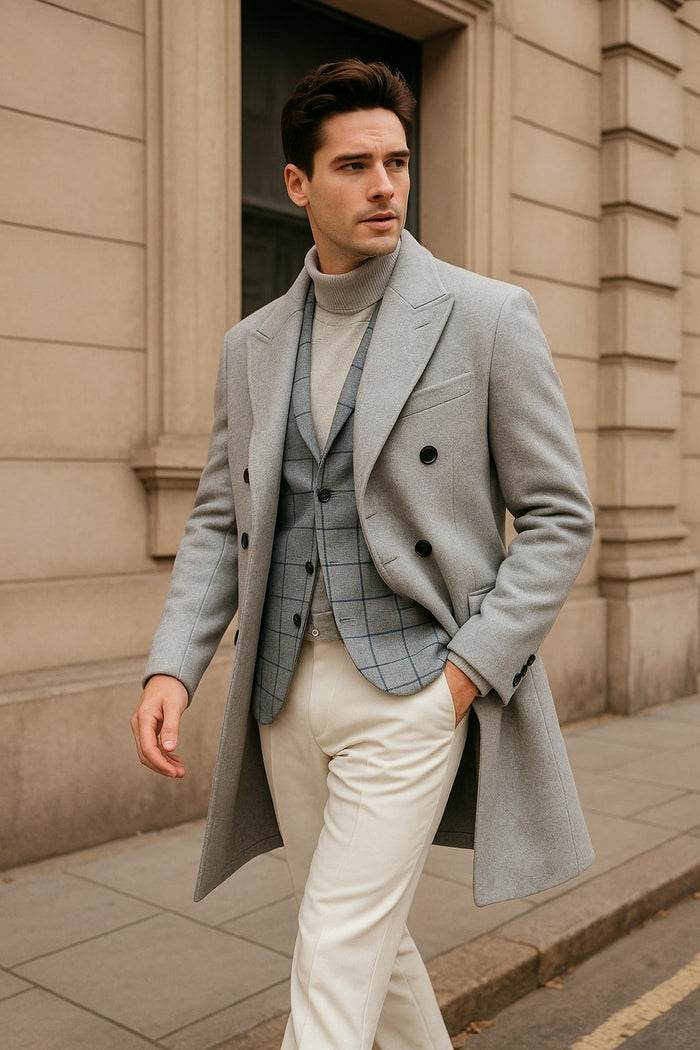 Men's Light Gray Double-Breasted Overcoat with Windowpane Vest â€“ 3-Piece Wool Fabric By Alberto Nardoni