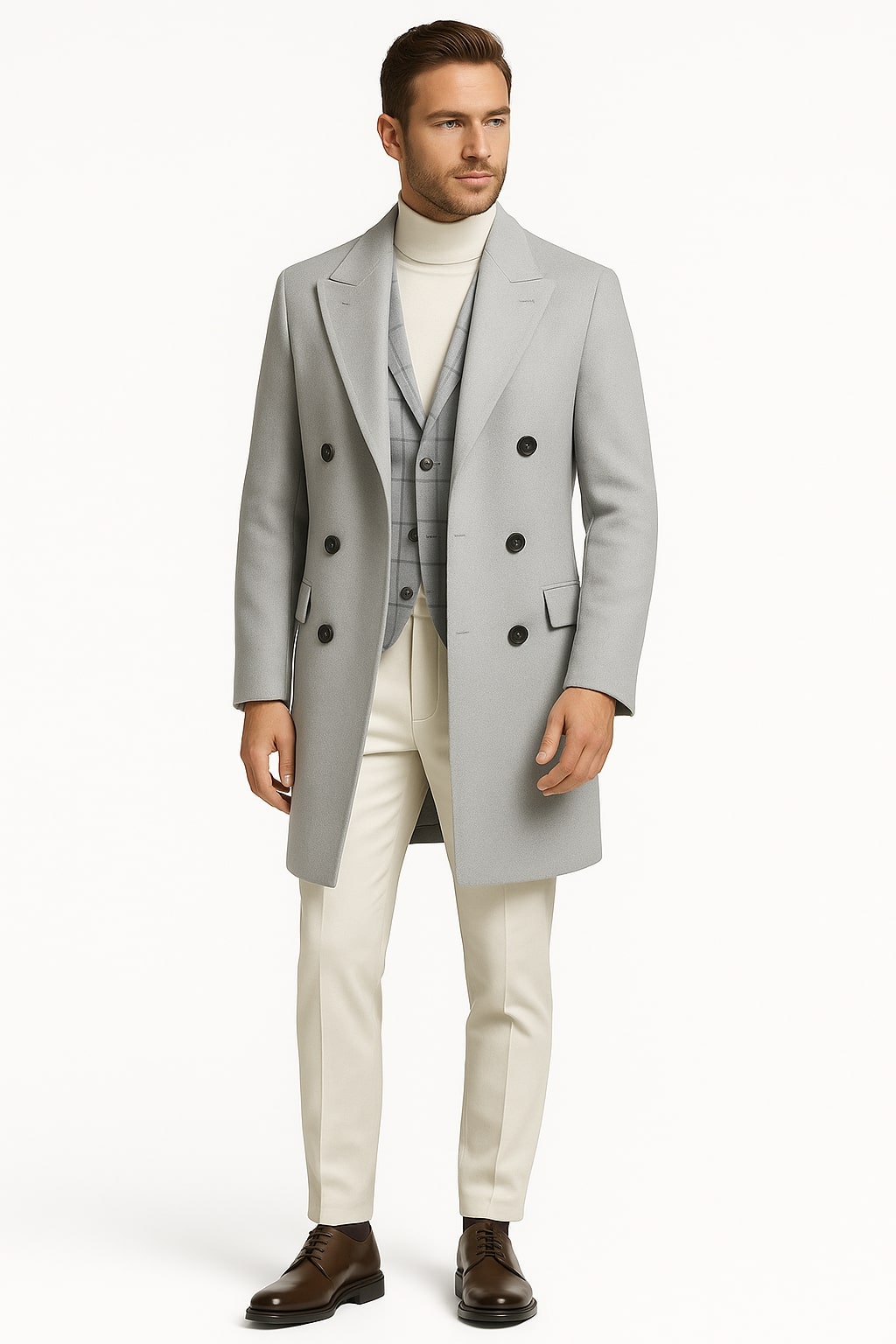 Men's Light Gray Double-Breasted Overcoat with Windowpane Vest – 3-Piece Wool Fabric By Alberto Nardoni - Coat Size 38