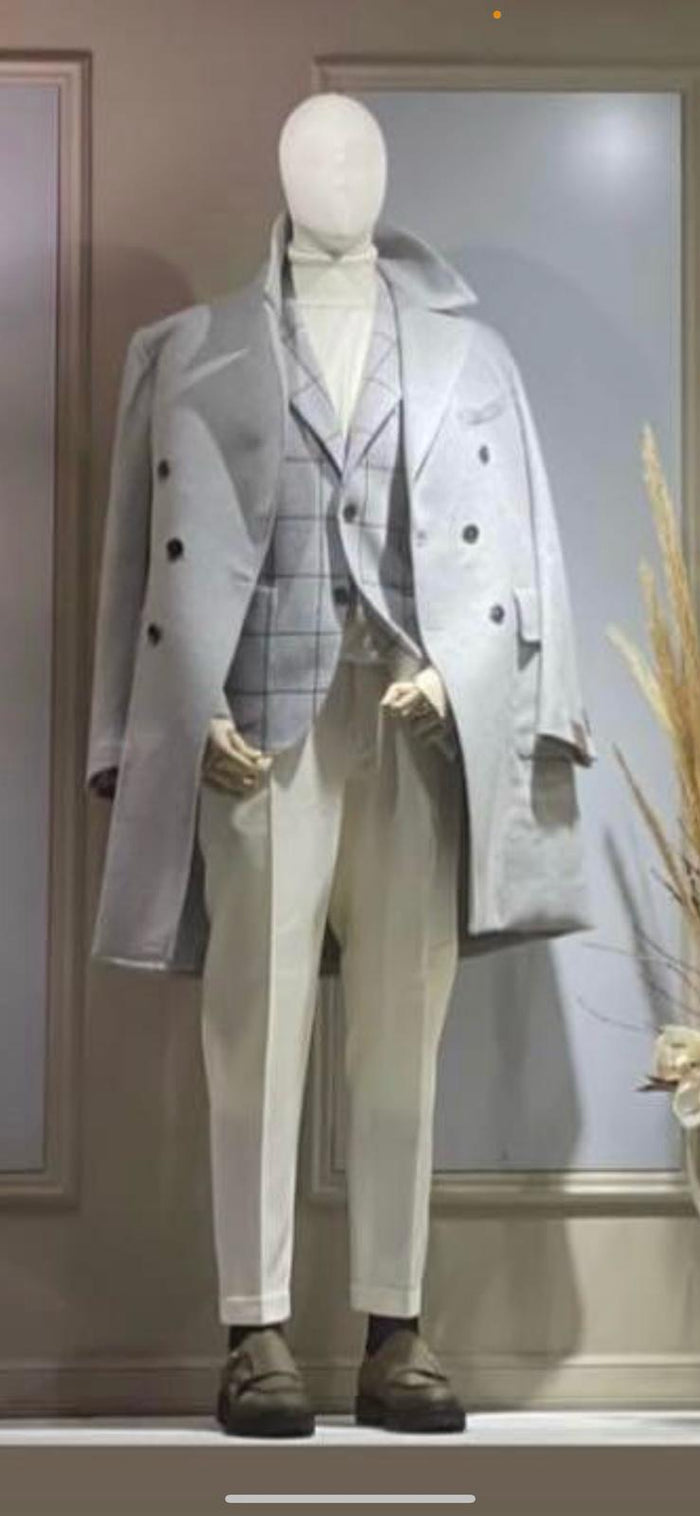 Men's Light Gray Double-Breasted Overcoat with Windowpane Vest â€“ 3-Piece Wool Fabric By Alberto Nardoni