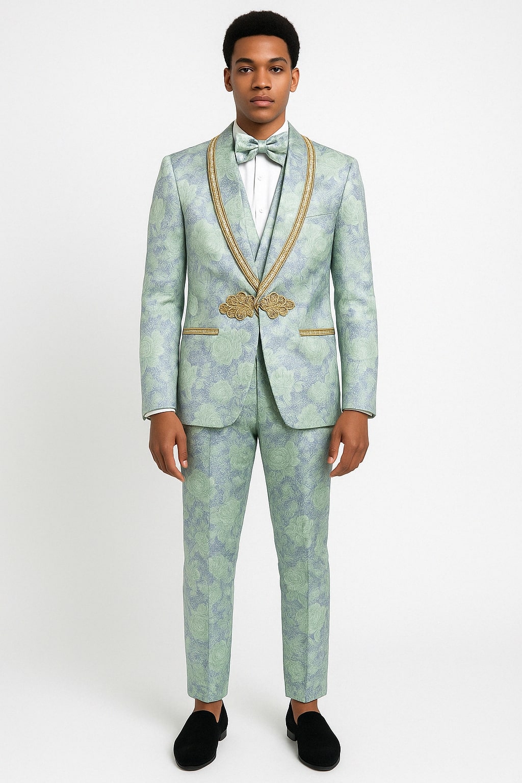 Men's Mint Green - Sage and Gold Trim Collar Floral Brocade Blazer with Gold Embellishments Prom Suit - 34 Short or Extra Small
