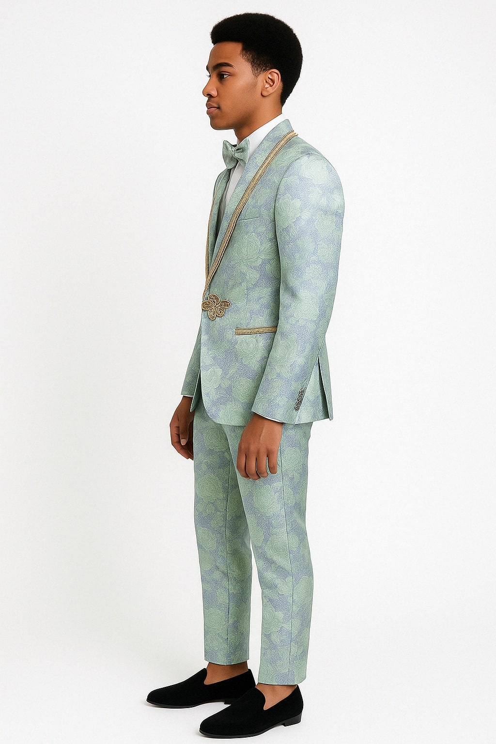 Men's Mint Green - Sage and Gold Trim Collar Floral Brocade Blazer with Gold Embellishments Prom Suit - 34 Short or Extra Small