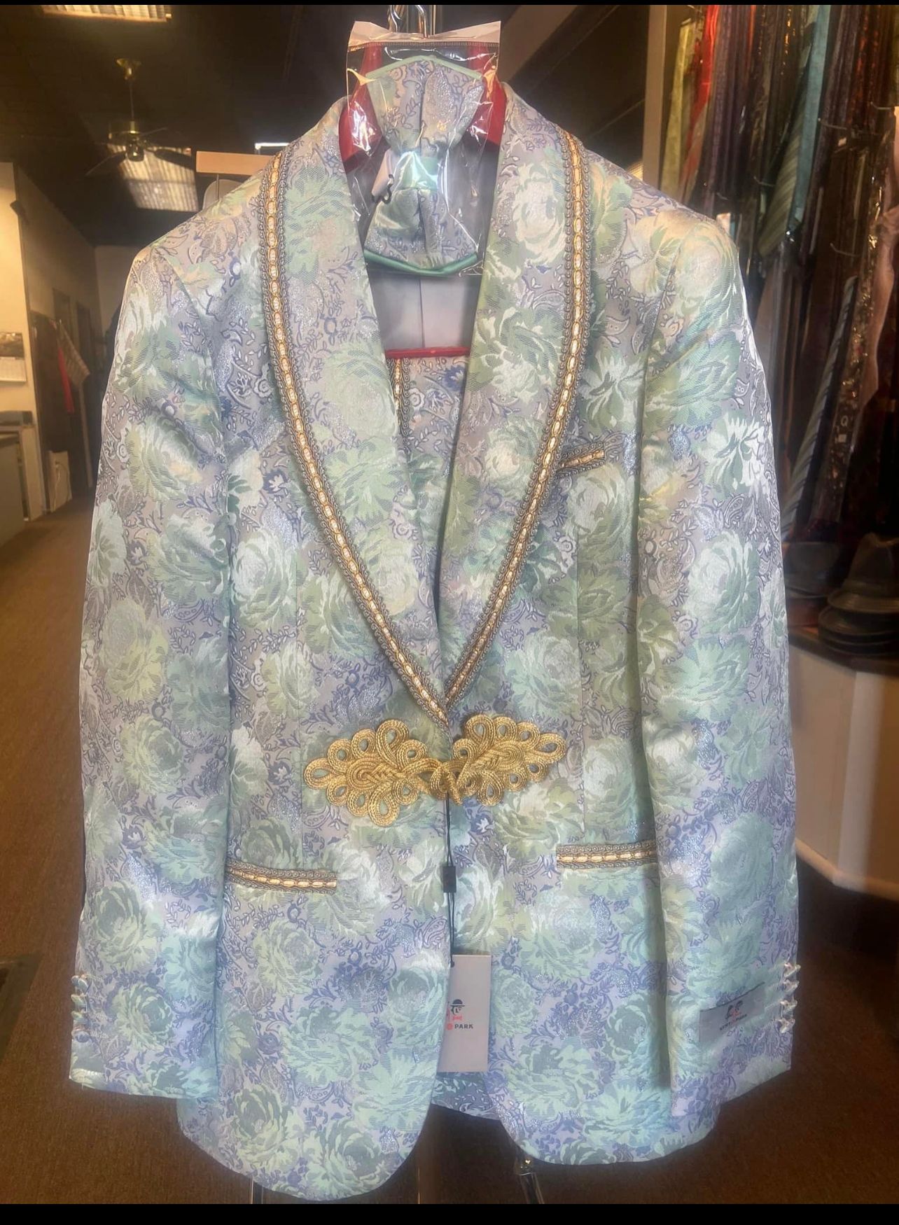 Men's Mint Green - Sage and Gold Trim Collar Floral Brocade Blazer with Gold Embellishments Prom Suit - 34 Short or Extra Small
