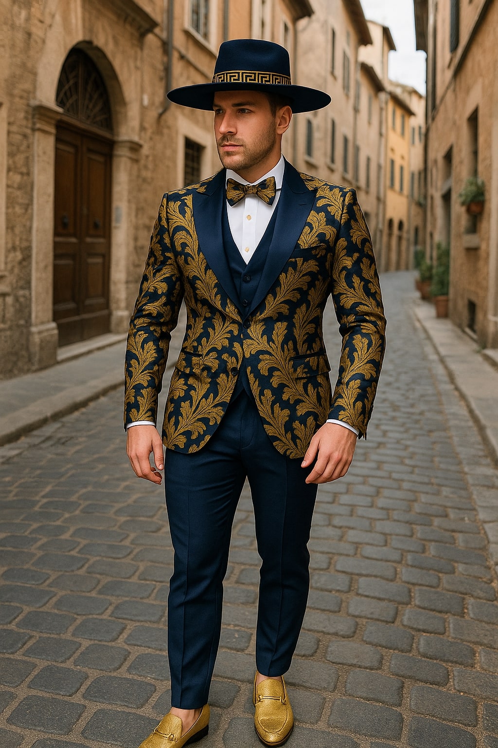 Men's Navy Blue and Gold Baroque Tuxedo Suit with Matching Vest and Bow Tie - Luxury Formalwear - Coat Size 38