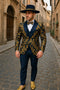 Men's Navy Blue and Gold Baroque Tuxedo Suit with Matching Vest and Bow Tie - Luxury Formalwear