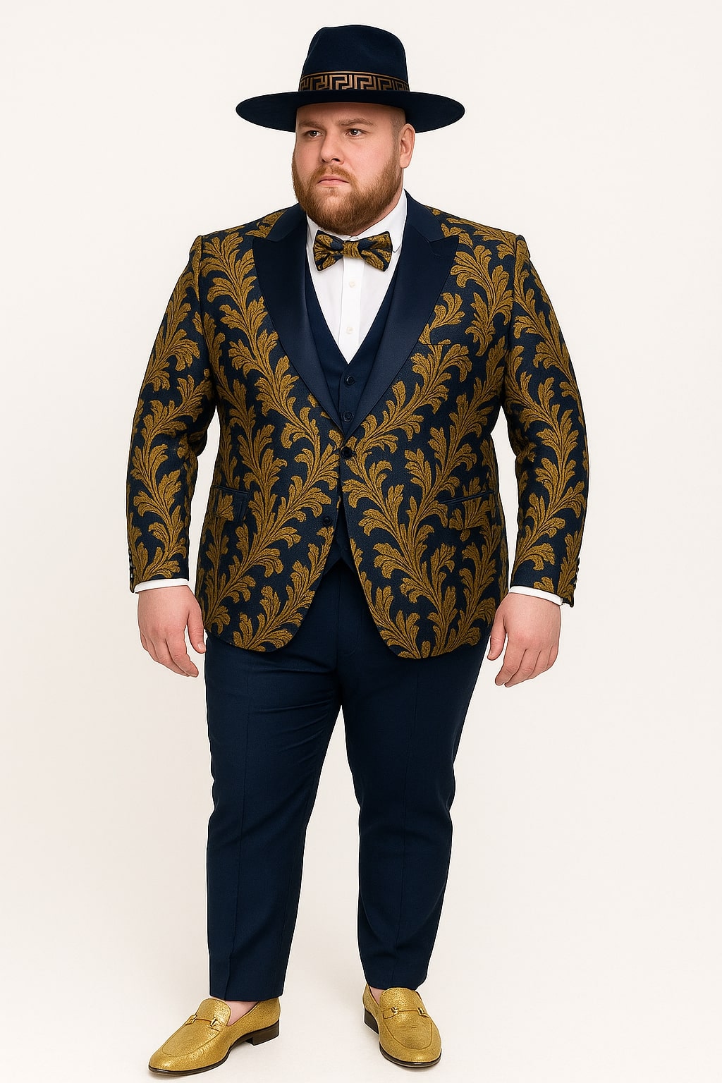 Men's Navy Blue and Gold Baroque Tuxedo Suit with Matching Vest and Bow Tie - Luxury Formalwear - Coat Size 38