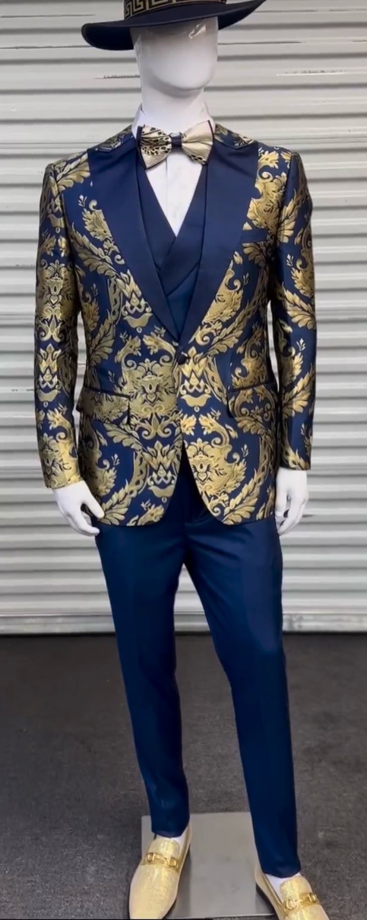 Men's Navy Blue and Gold Baroque Tuxedo Suit with Matching Vest and Bow Tie - Luxury Formalwear - Coat Size 38
