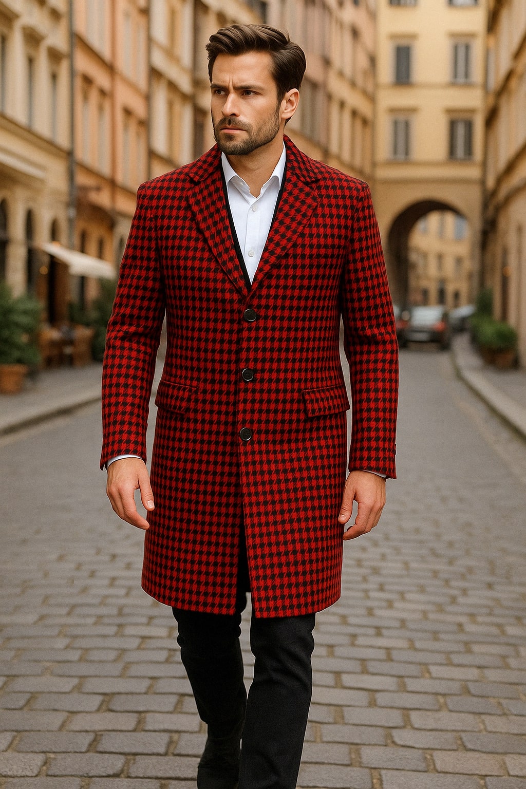 Mens Red and Black Houndstooth Overcoat - Classic Wool Long Coat - Christmas Tartan Coat - Coat Size 38