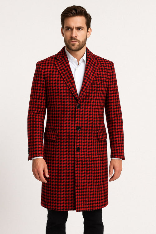 Mens Red and Black Houndstooth Overcoat - Classic Wool Long Coat - Christmas Tartan Coat