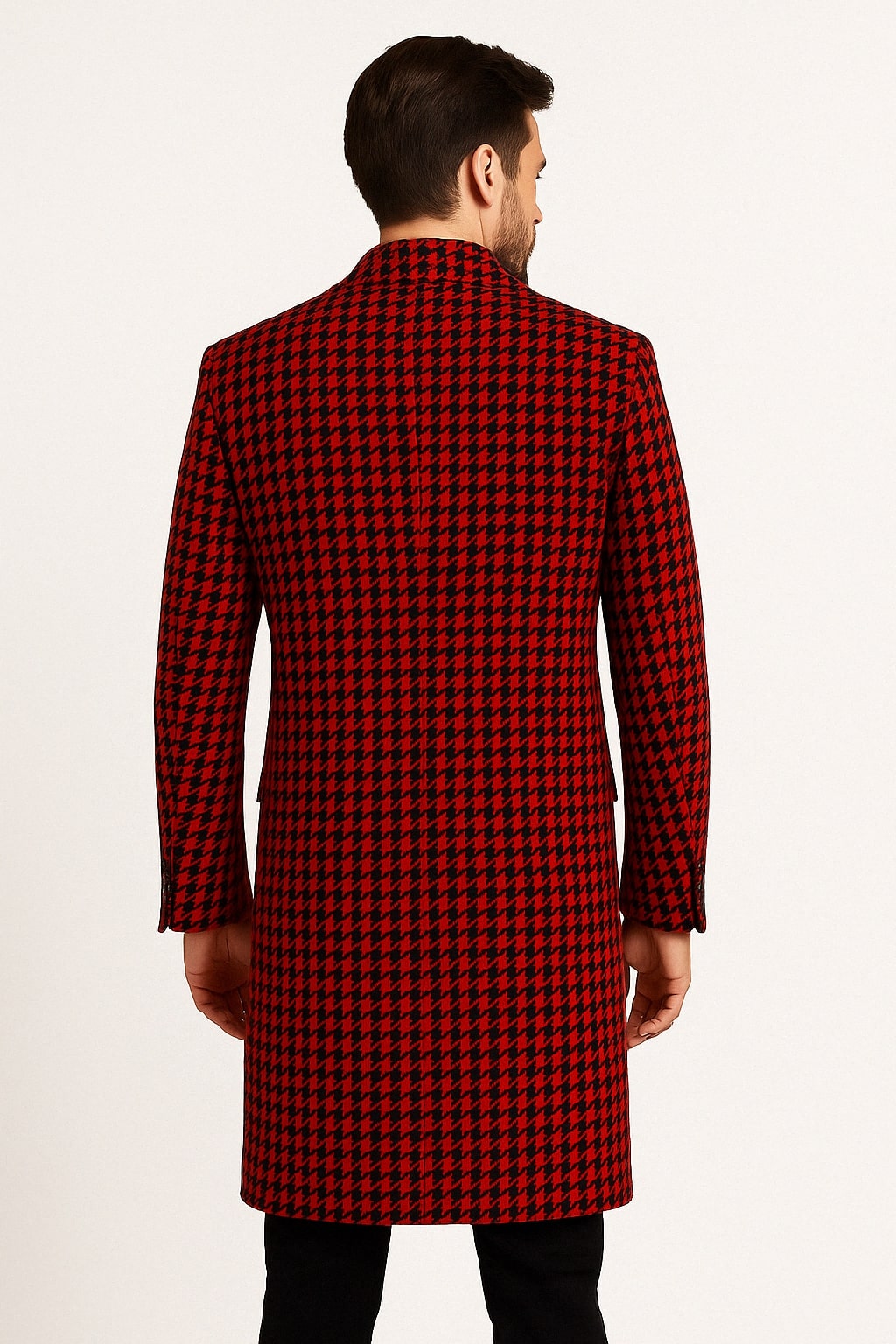 Mens Red and Black Houndstooth Overcoat - Classic Wool Long Coat - Christmas Tartan Coat - Coat Size 38
