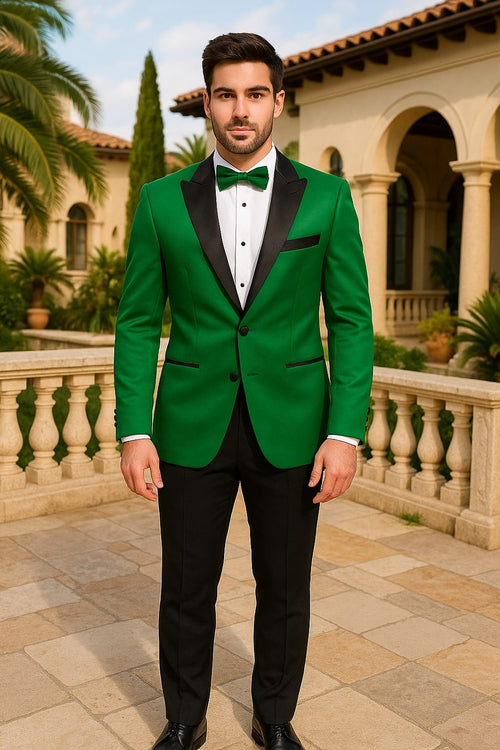 Men's Sateen Emerlad Green Tuxedo Jacket with Black Satin Lapel and Bow Tie Slim Fit Prom and Party Blazer