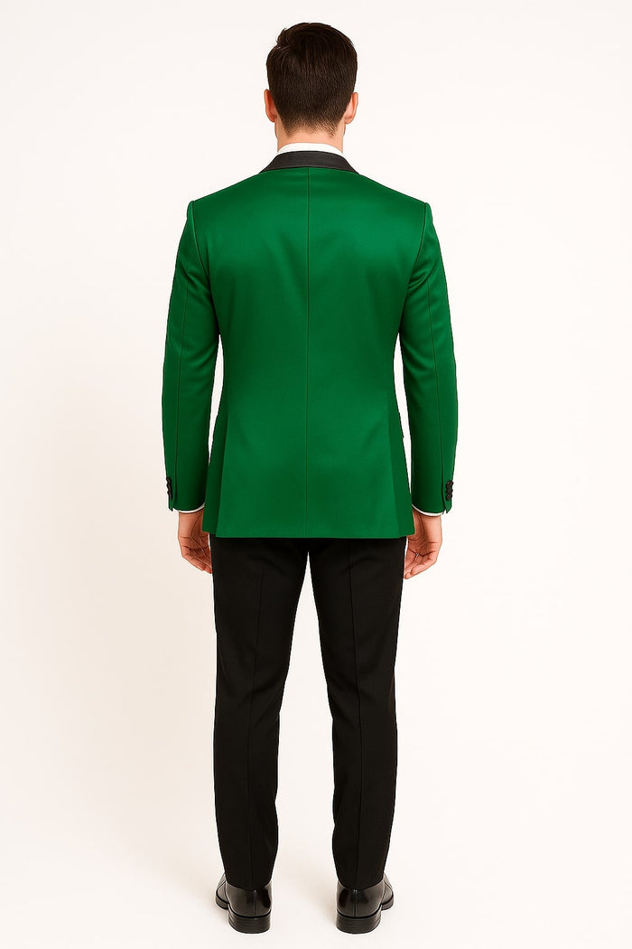Men's Sateen Emerlad Green Tuxedo Jacket with Black Satin Lapel and Bow Tie Slim Fit Prom and Party Blazer