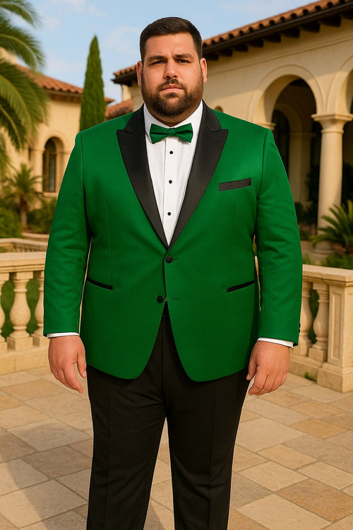 Men's Sateen Emerlad Green Tuxedo Jacket with Black Satin Lapel and Bow Tie Slim Fit Prom and Party Blazer