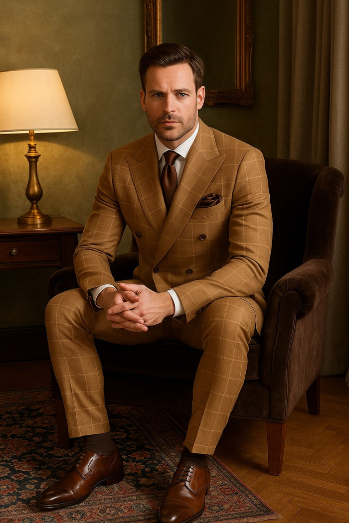 Men's Tan Plaid Double-Breasted Suit Classic Windowpane Two-Piece Formal Suit - Camel Color Suit By Rossiman