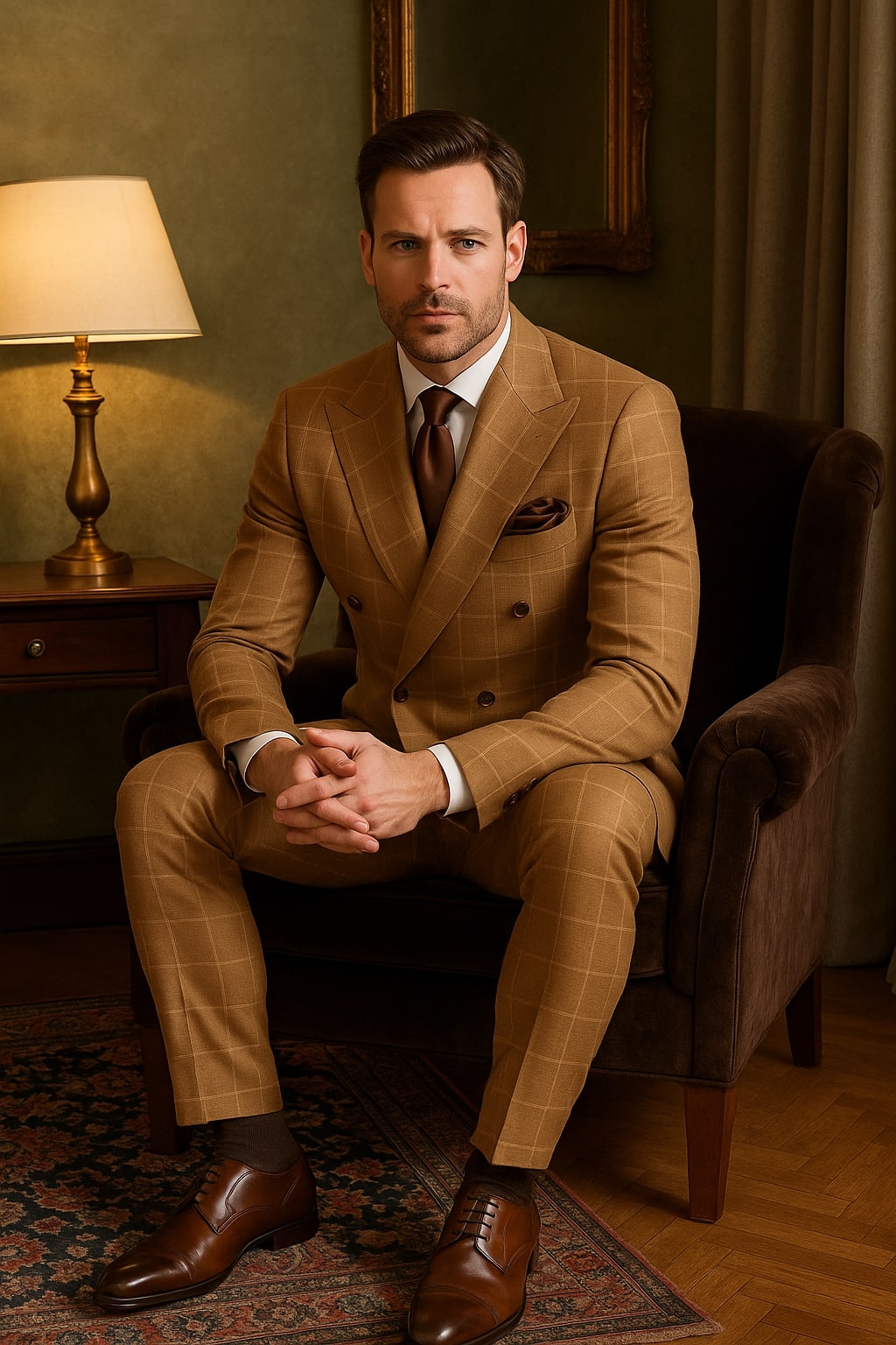 Tan Windowpane Plaid Suit – Rossiman Double-Breasted Men’s Two-Piece in Camel - 34 Short or Extra Small