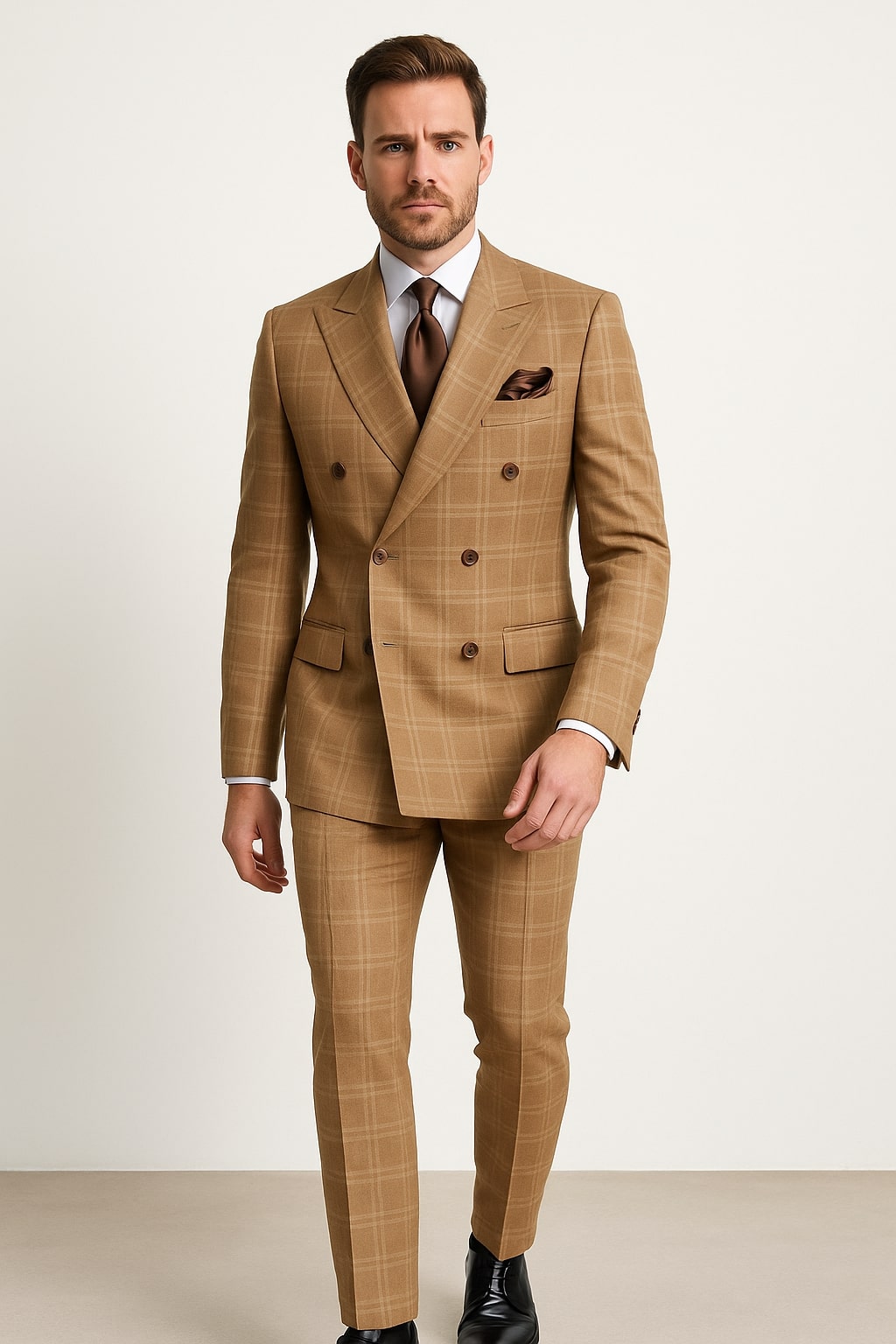 Men's Tan Plaid Double-Breasted Suit Classic Windowpane Two-Piece Formal Suit - Camel Color Suit By Rossiman - 34 Short or Extra Small