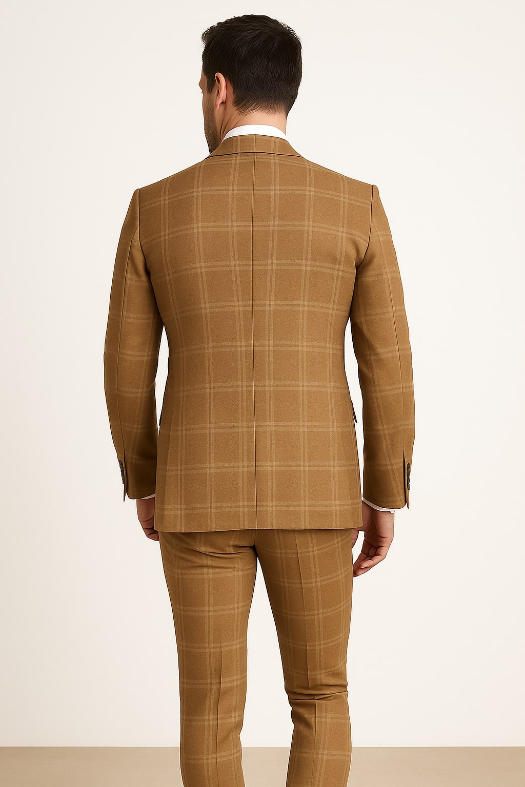 Men's Tan Plaid Double-Breasted Suit Classic Windowpane Two-Piece Formal Suit - Camel Color Suit By Rossiman - 34 Short or Extra Small