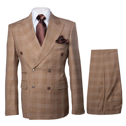 Tan Windowpane Plaid Suit – Rossiman Double-Breasted Men’s Two-Piece in Camel-New Designer Collection
