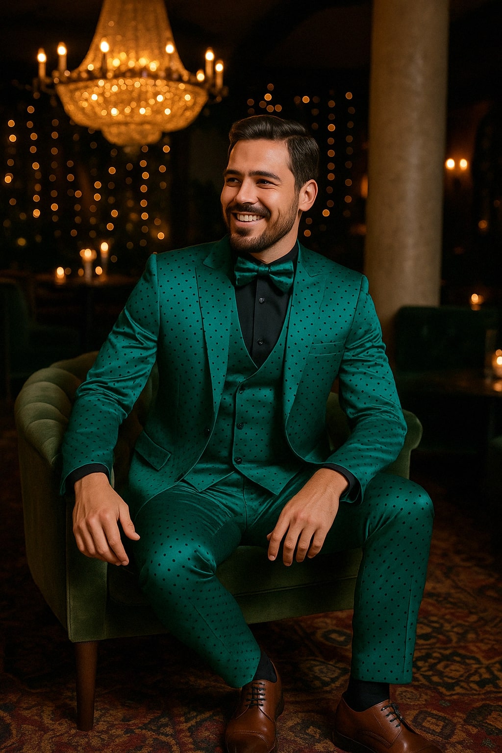 Men's Teal Green Polka Dot Tuxedo with Matching Vest and Bow Tie - 34 Short or Extra Small