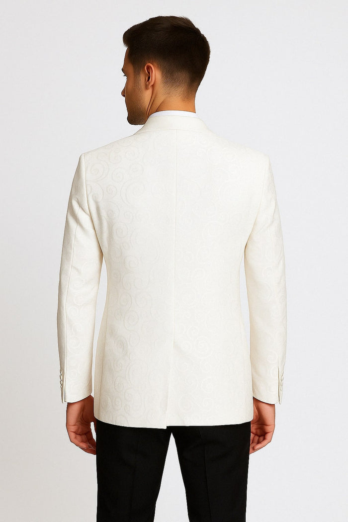 Mens White Tuxedo Dinner Jacket  Swirl Pattern Tuxedo Jacket with White Satin Shawl Lapel - Paisley Pattern