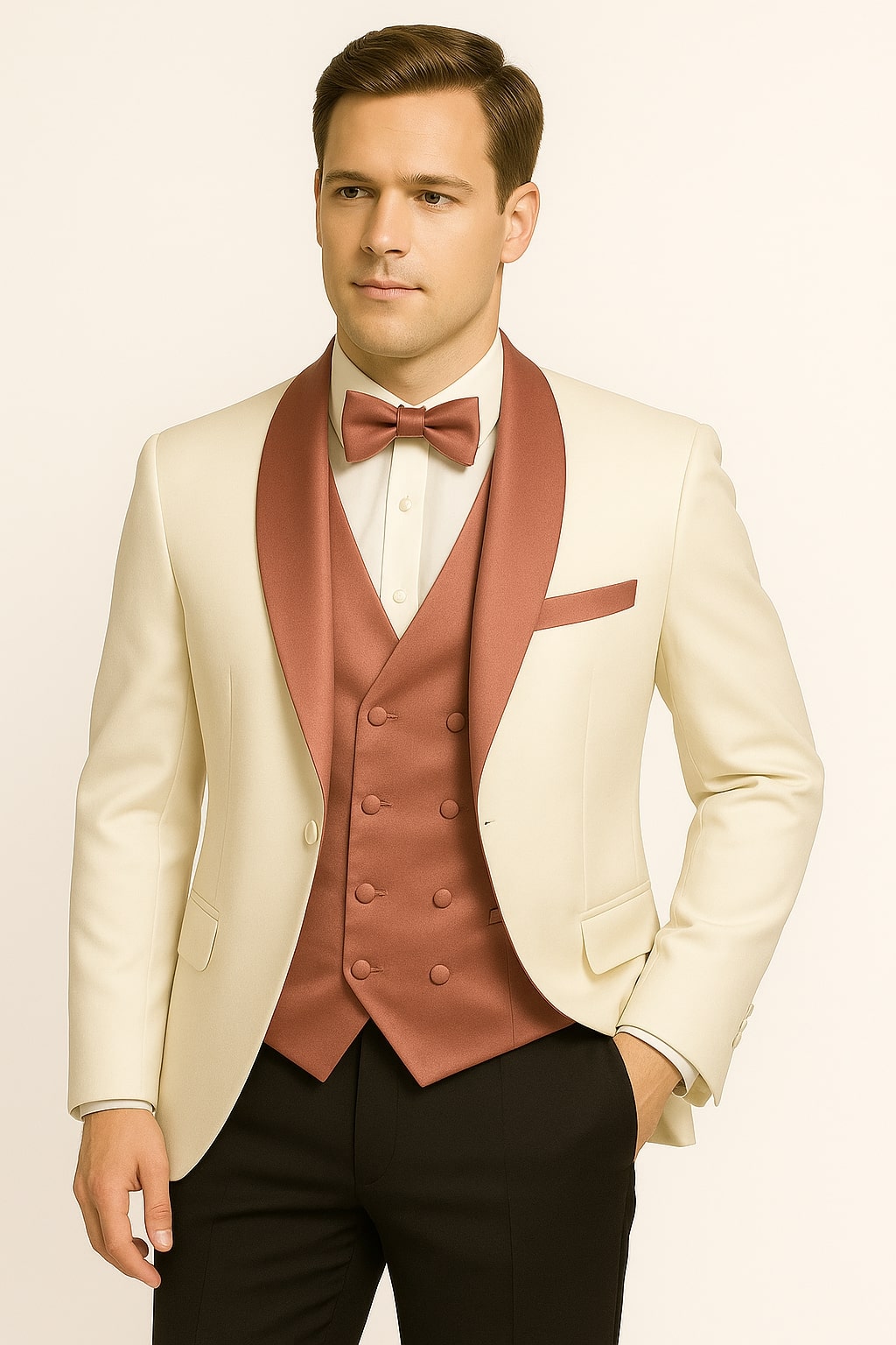 34 Men's White and Rose Gold Tuxedo with Mauve Satin Vest and Bow Tie â€“  Elegant Formalwear for Weddings and Events