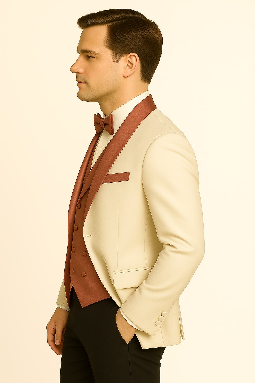Men's White and Rose Gold Tuxedo with Mauve Satin Vest and Bow Tie – Elegant Formalwear for Weddings and Events - 34 Short or Extra Small