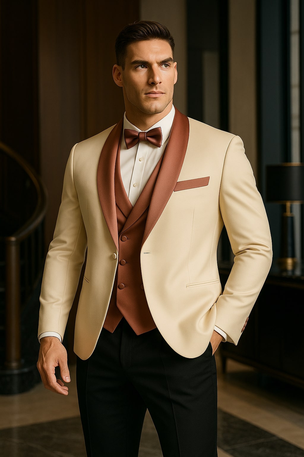 34 Men's White and Rose Gold Tuxedo with Mauve Satin Vest and Bow Tie â€“  Elegant Formalwear for Weddings and Events