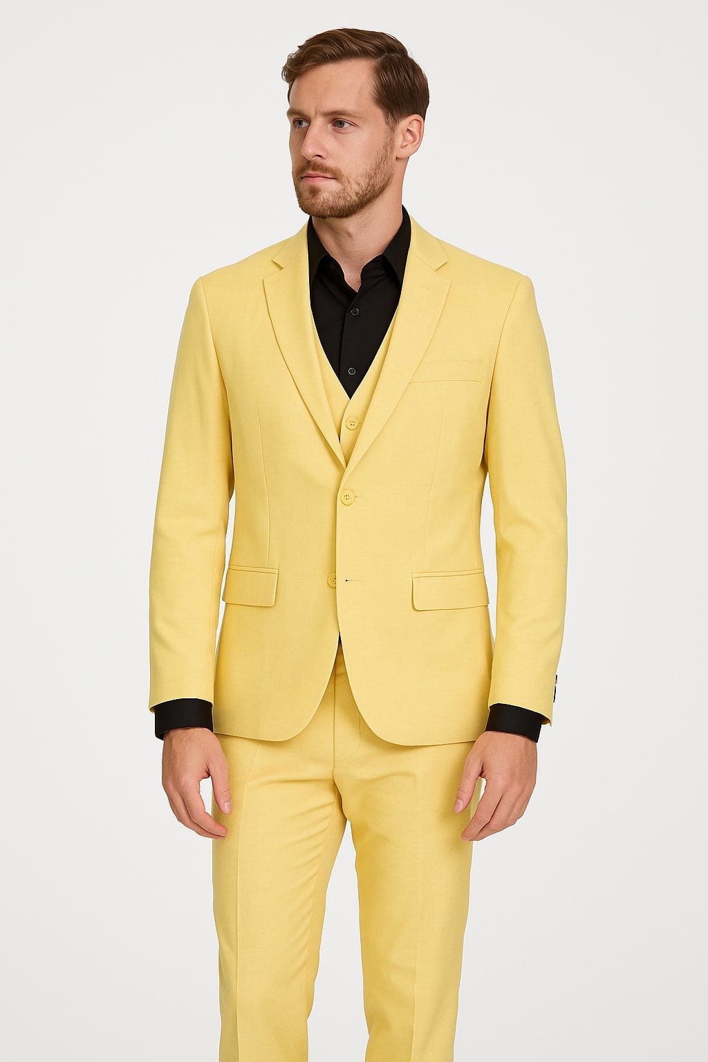 Men's Yellow 3-Piece Suit with Black Dress Shirt â€“ Modern Slim Fit Formal Attire - 34 Short or Extra Small