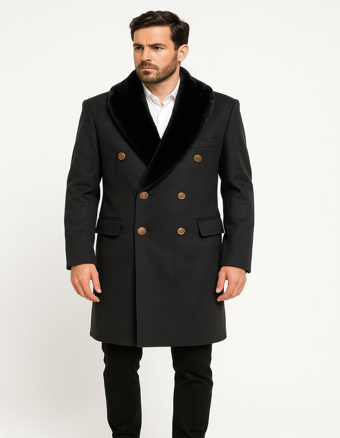 Mens Black Double-Breasted Overcoat with Faux Fur Collar and Gold Buttons
