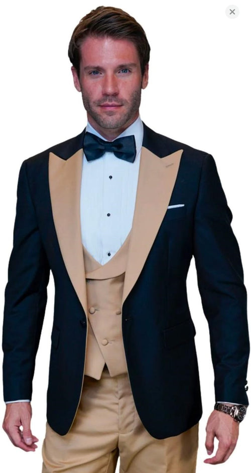 Mens Black and Goldish Champaign Camel Bronze Tuxedo with Satin Shawl Lapel and Matching Vest with Bowtie