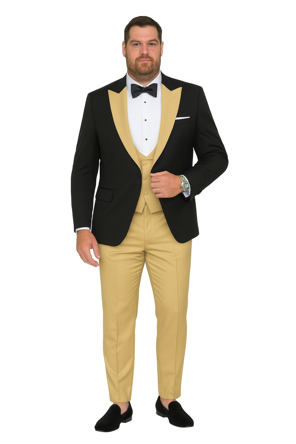 Mens Black and Goldish Champaign Camel Bronze Tuxedo with Satin Shawl Lapel and Matching Vest with Bowtie