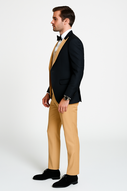 Mens Black and Goldish Champaign Camel Bronze Tuxedo with Satin Shawl Lapel and Matching Vest with Bowtie