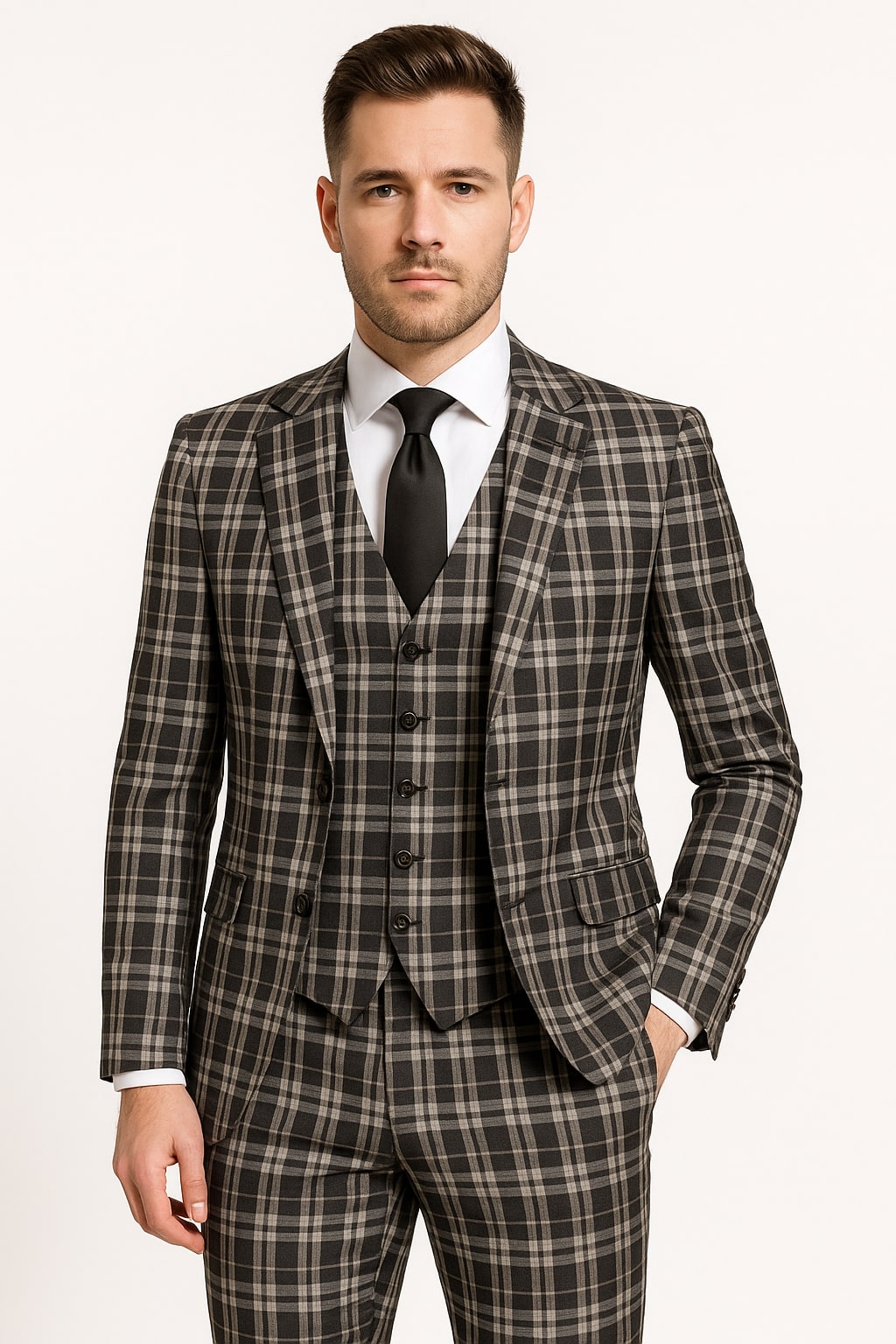 Men's Black and White Plaid Three-Piece Suit â€“ Modern Slim Fit Tuxedo for Church and Business - 34 Short or Extra Small