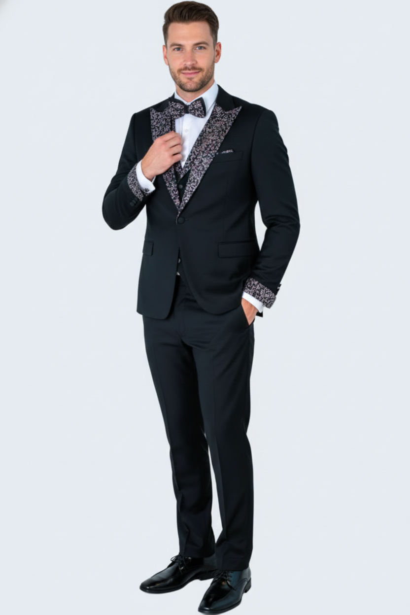Men's Black and White Silver Embellished Tuxedo Suit + Bowtie 3-Piece Formal Wedding, Prom, and Gala Outfit - 34 Short or Extra Small