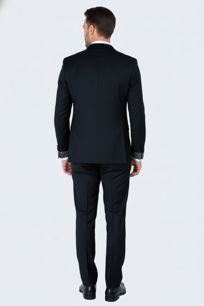 Men's Black and White Silver Embellished Tuxedo Suit + Bowtie 3-Piece Formal Wedding, Prom, and Gala Outfit - 34 Short or Extra Small