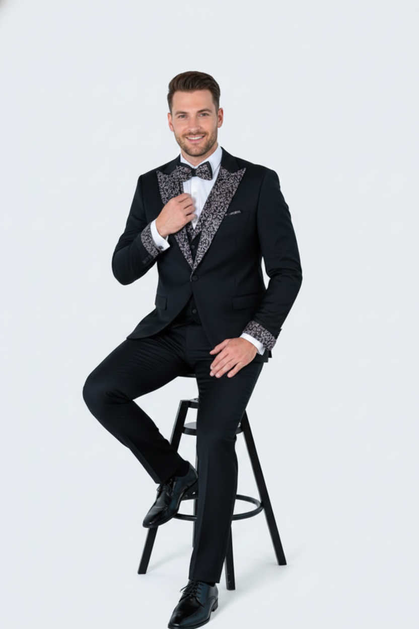 Men's Black and White Silver Embellished Tuxedo Suit + Bowtie 3-Piece Formal Wedding, Prom, and Gala Outfit - 34 Short or Extra Small