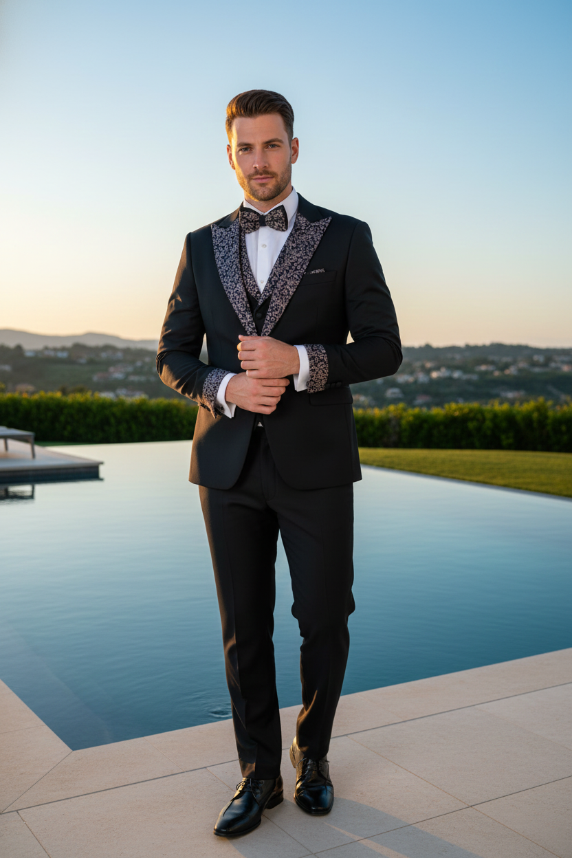 Men's Black and White Silver Embellished Tuxedo Suit + Bowtie 3-Piece Formal Wedding, Prom, and Gala Outfit - 34 Short or Extra Small