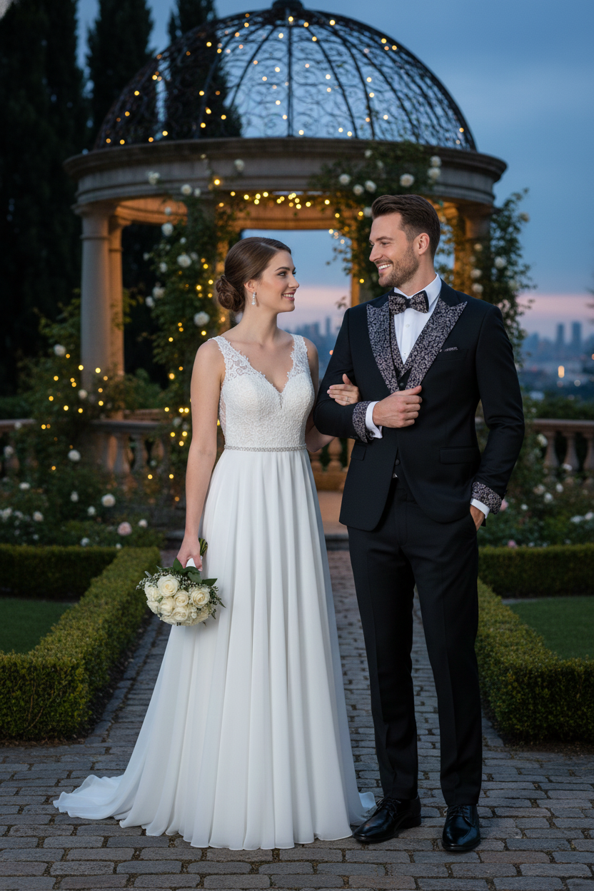 Men's Black and White Silver Embellished Tuxedo Suit + Bowtie 3-Piece Formal Wedding, Prom, and Gala Outfit - 34 Short or Extra Small