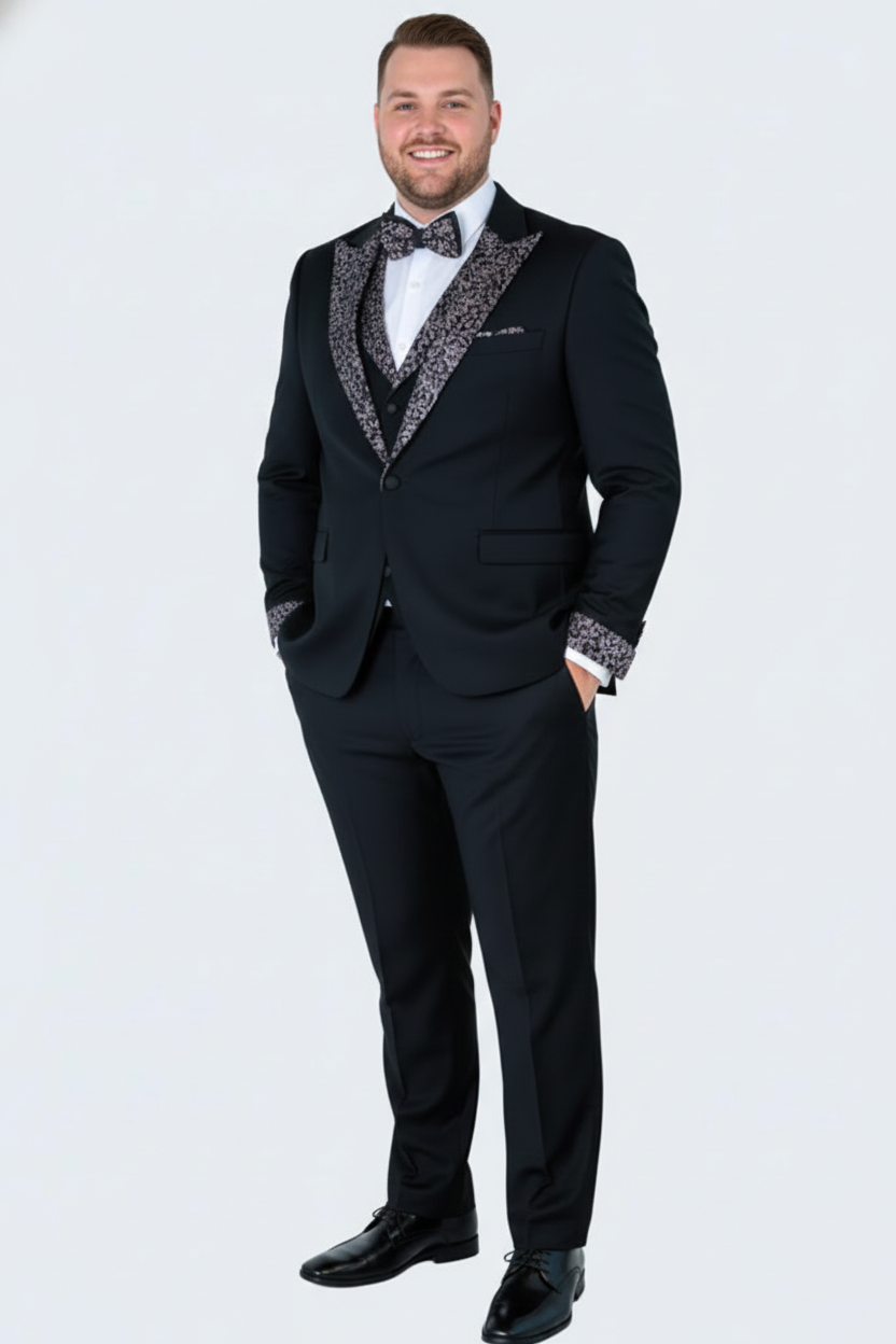 Men's Black and White Silver Embellished Tuxedo Suit + Bowtie 3-Piece Formal Wedding, Prom, and Gala Outfit - 34 Short or Extra Small