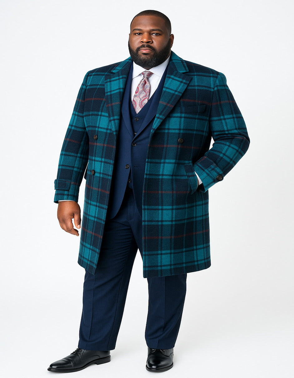 Men's Blue Plaid Wool Overcoat â€“ Double-Breasted Long Winter Coat with Wide Lapel - Full Length - Coat Size 38