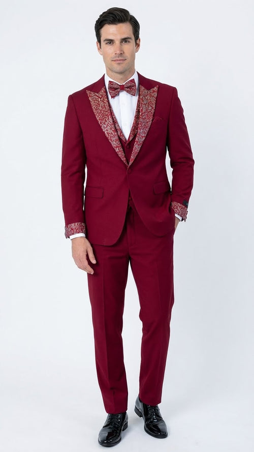 Men's Burgundy and White Embellished Tuxedo Suit Slim Fit 3-Piece Formal Wedding, Prom, and Gala Outfit