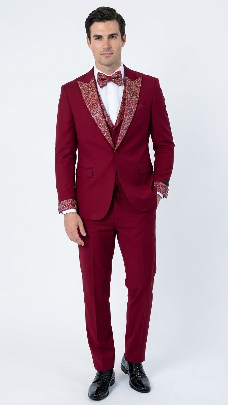 Men's Burgundy and White Embellished Tuxedo Suit – Slim Fit 3-Piece Formal Wedding, Prom, and Gala Outfit - 34 Short or Extra Small