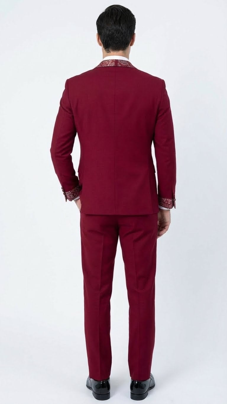 Men's Burgundy and White Embellished Tuxedo Suit – Slim Fit 3-Piece Formal Wedding, Prom, and Gala Outfit - 34 Short or Extra Small