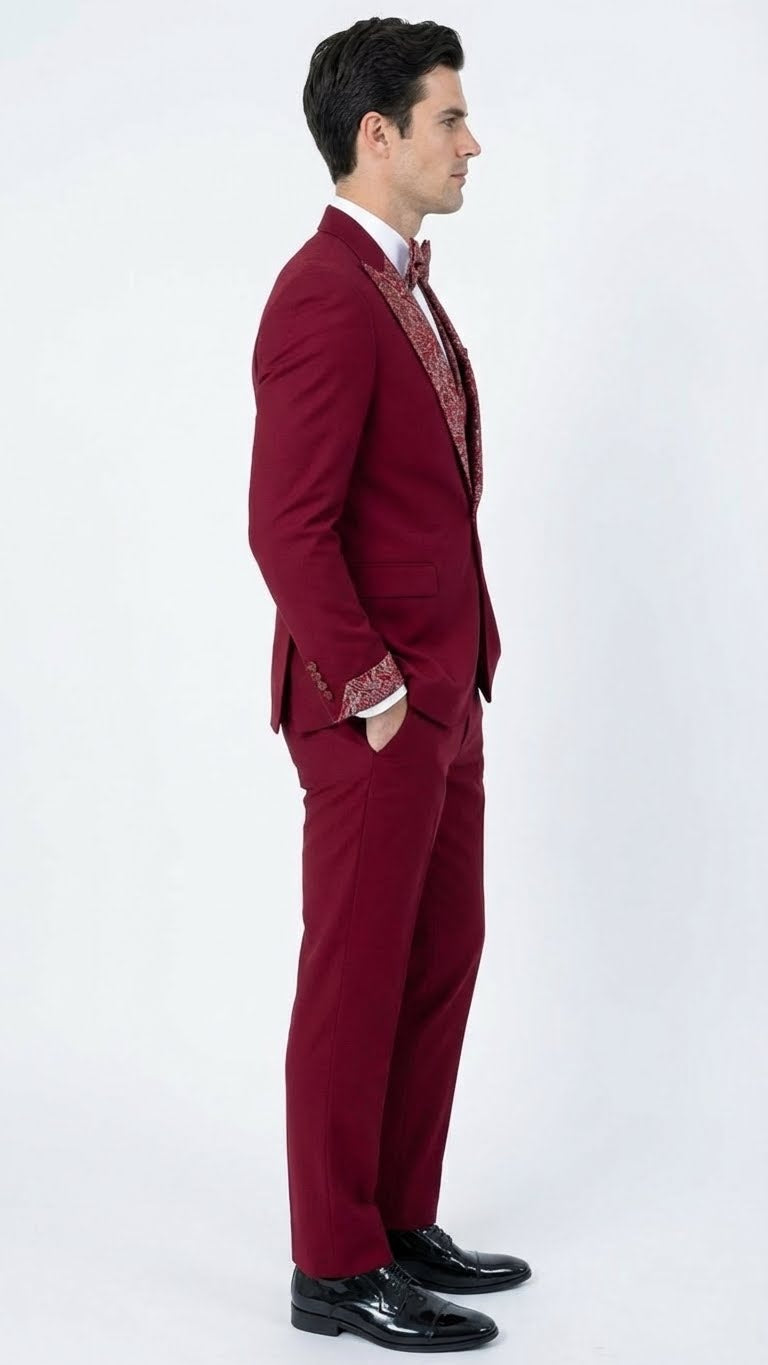 Men's Burgundy and White Embellished Tuxedo Suit – Slim Fit 3-Piece Formal Wedding, Prom, and Gala Outfit - 34 Short or Extra Small
