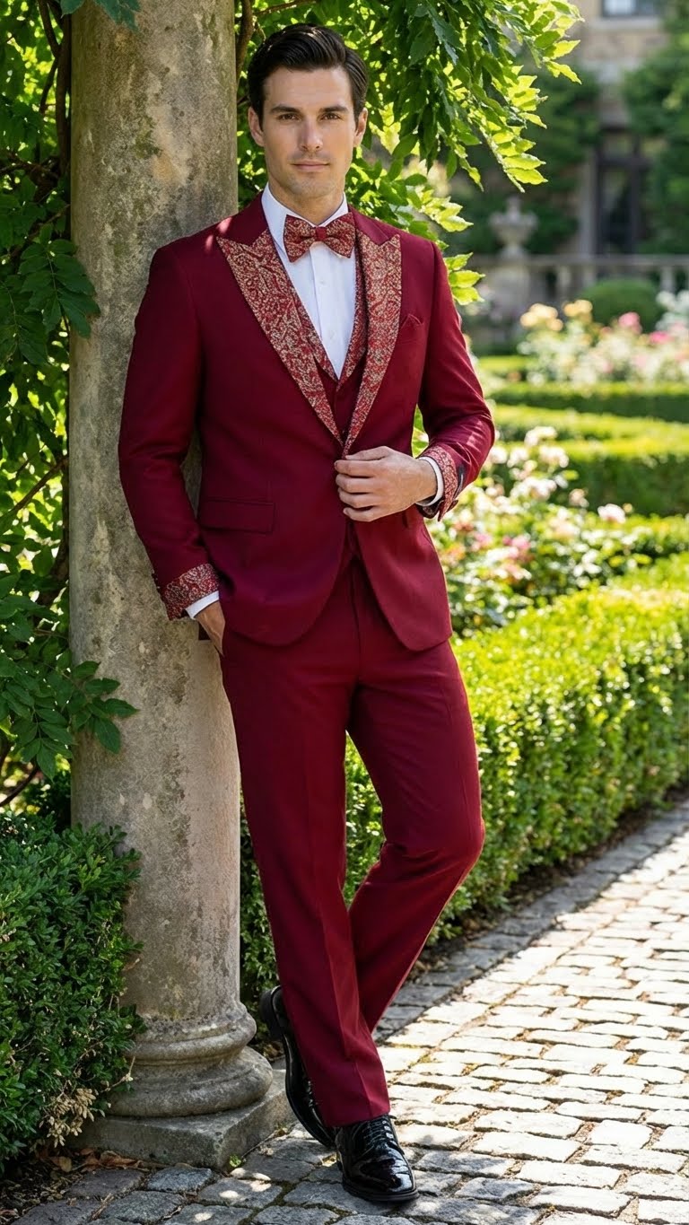 Men's Burgundy and White Embellished Tuxedo Suit – Slim Fit 3-Piece Formal Wedding, Prom, and Gala Outfit - 34 Short or Extra Small