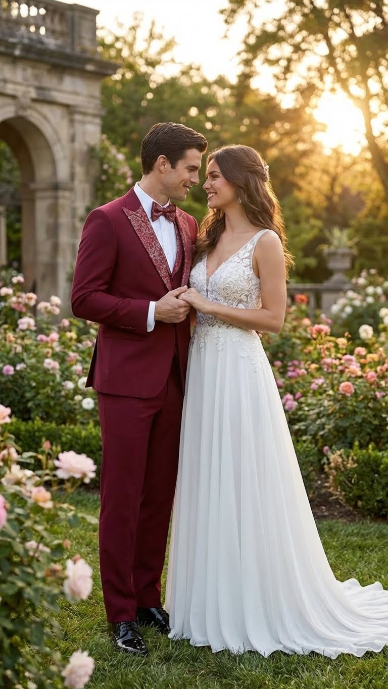 Men's Burgundy and White Embellished Tuxedo Suit – Slim Fit 3-Piece Formal Wedding, Prom, and Gala Outfit - 34 Short or Extra Small