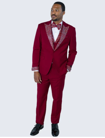 Men's Burgundy and White Embellished Tuxedo Suit – Slim Fit 3-Piece Formal Wedding, Prom, and Gala Outfit - 34 Short or Extra Small