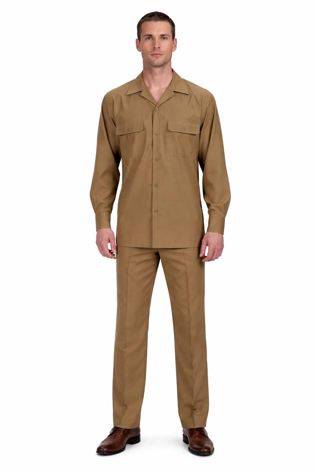 Mens Luxury Caramel Wool Two-Piece Leisure Walking Suit - Small