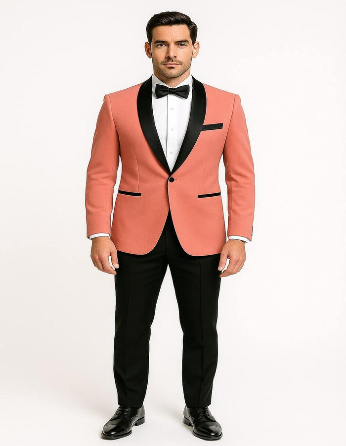Mens Coral Pink Tuxedo Jacket with Black Satin Shawl Lapel Velvet Fabric- Modern Slim Fit Formal Blazer