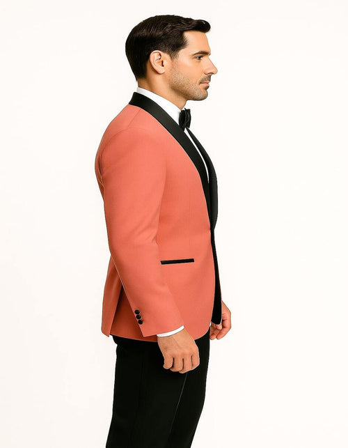 Mens Coral Pink Tuxedo Jacket with Black Satin Shawl Lapel Velvet Fabric- Modern Slim Fit Formal Blazer